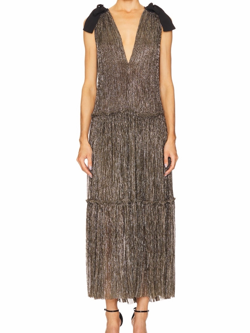 Sabina Musayev Metallic Bronze Maxi Dress with Black Bow Straps